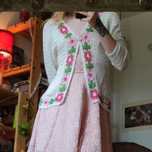 Vintage 90s crochet floral sheer cardigan handmade size medium - Picture 2 of 6